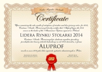 Lider Rynku Stolarki 2014 w segmencie systemów aluminiowych dla firmy Aluprof